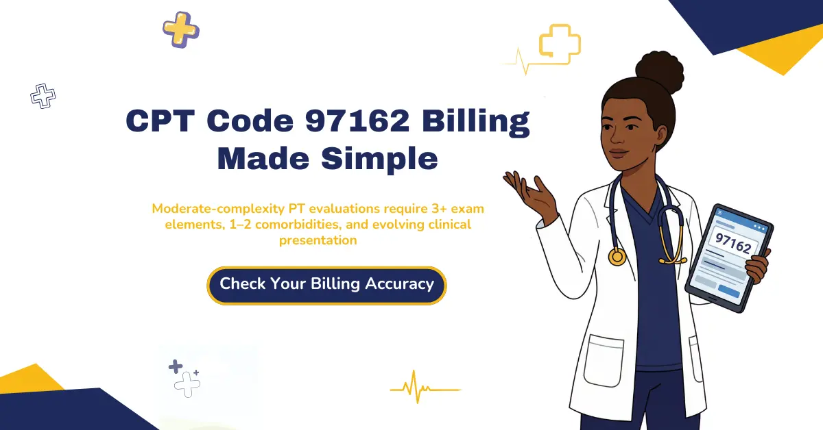CPT code 97162 billing guide showing documentation requirements, modifiers, and compliance for physical therapy evaluation