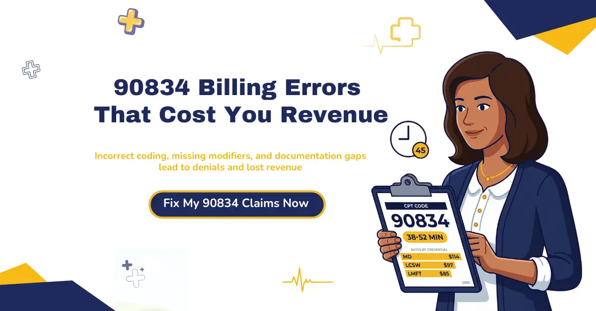 90834 CPT code billing errors causing claim denials due to incorrect coding, modifiers, and documentation issues