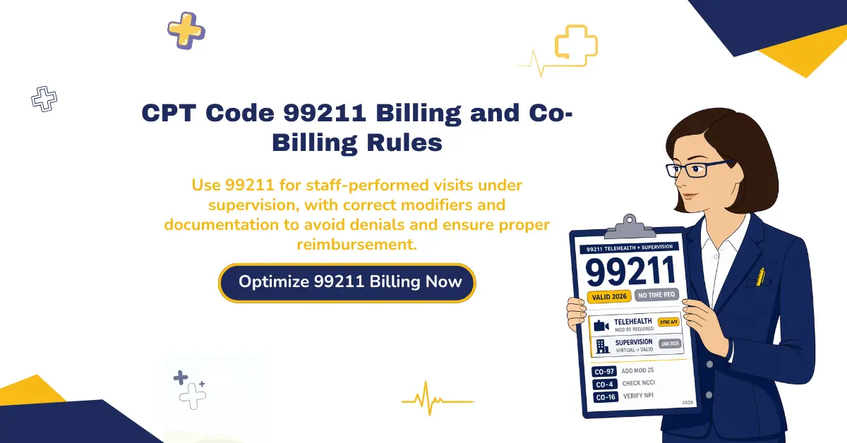 CPT 99211 billing for staff-performed visits with co-billing rules, modifier usage, and documentation requirements for accurate reimbursement