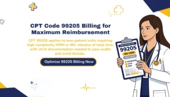 CPT code 99205 billing guide showing high complexity MDM requirements and 60 minute time threshold for new patient visits