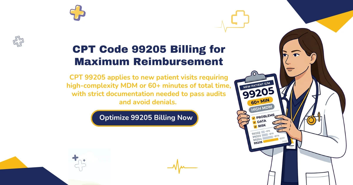 CPT code 99205 billing guide showing high complexity MDM requirements and 60 minute time threshold for new patient visits