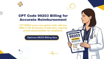 CPT Code 99203 billing guide for new patient visits with low MDM, 30–44 minutes time requirement, documentation tips, audit risks, and reimbursement optimization