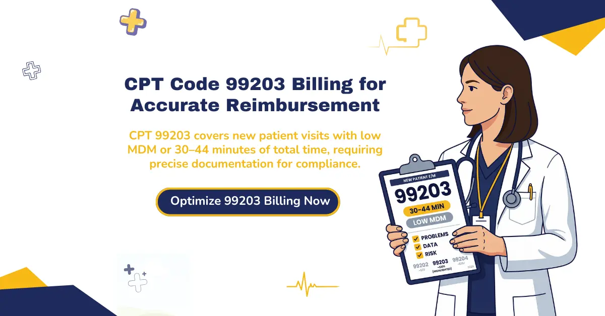 CPT Code 99203 billing guide for new patient visits with low MDM, 30–44 minutes time requirement, documentation tips, audit risks, and reimbursement optimization
