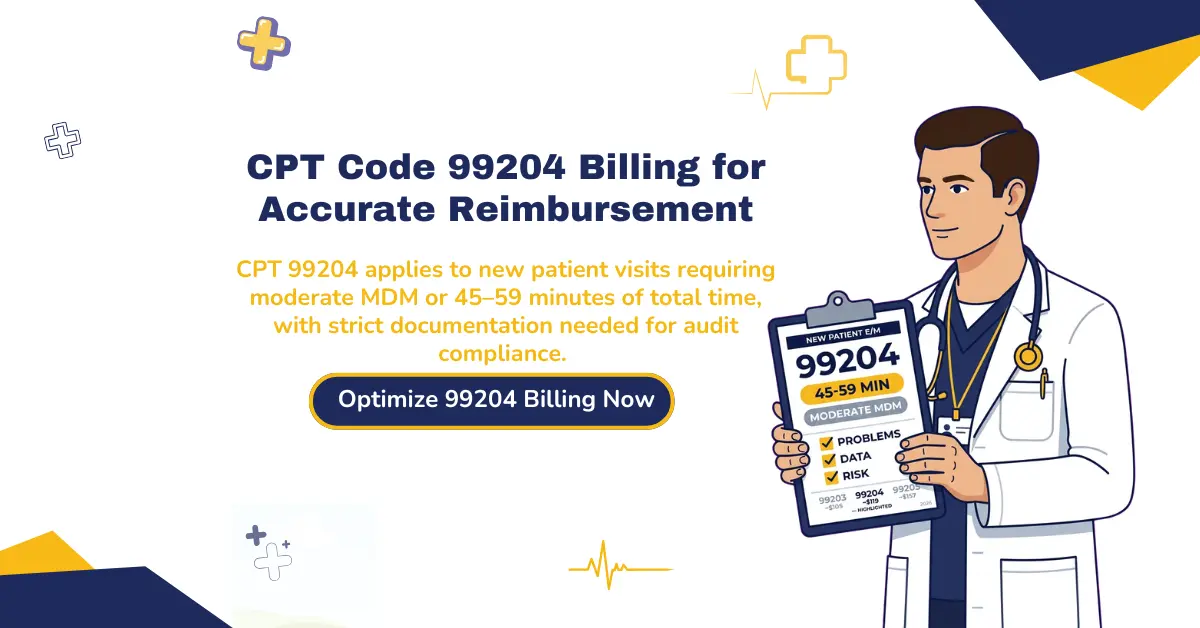 CPT Code 99204 billing for new patient visits with moderate medical decision making and 45-59 minutes documentation requirements