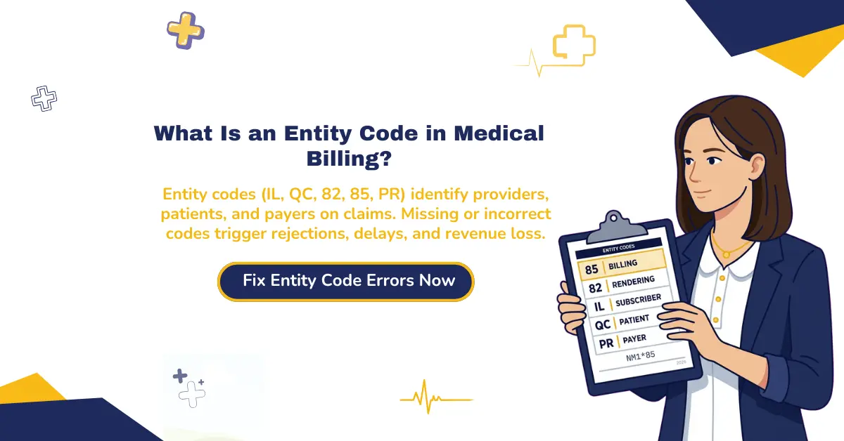 Entity code errors in medical billing causing claim denials, documentation issues, and lost healthcare revenue