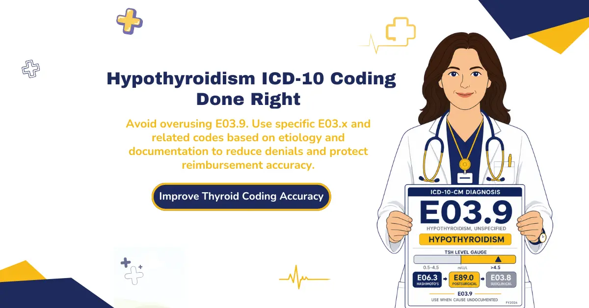 Hypothyroidism ICD-10 coding done right hero banner advising specific E03.x code use over E03.9 default to reduce denials and protect reimbursement.