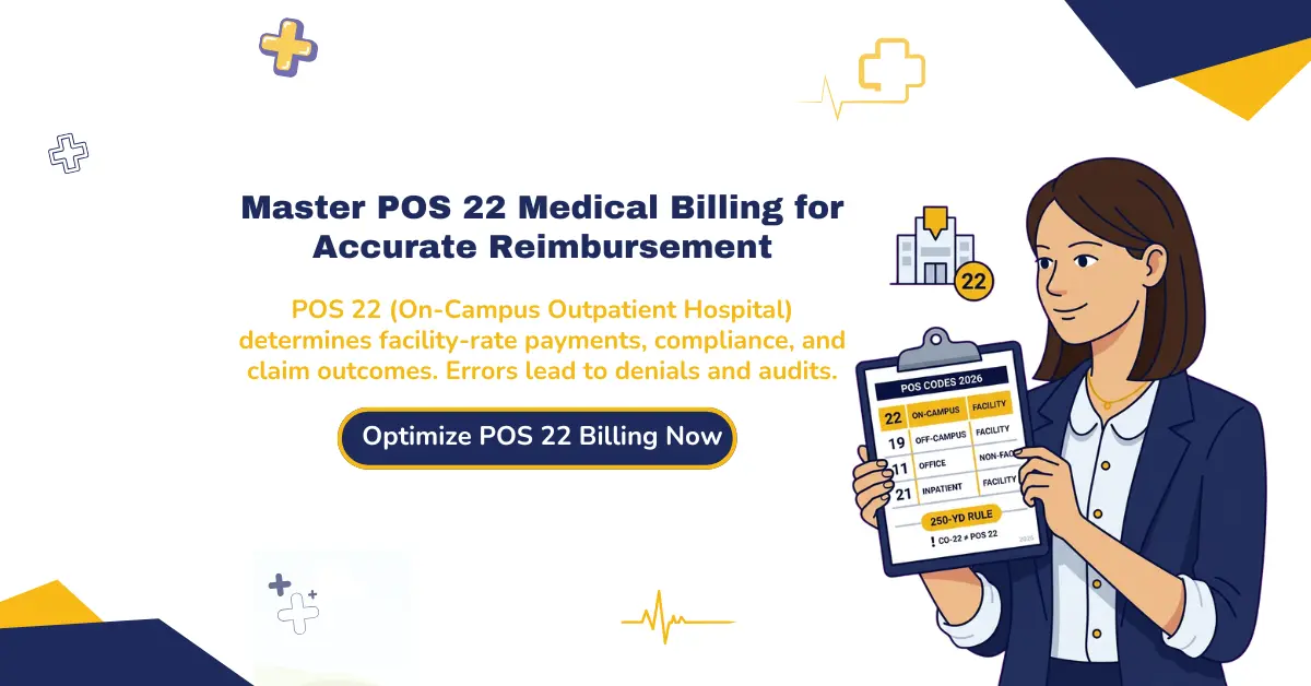 POS 22 in medical billing infographic showing on-campus outpatient hospital billing, facility rate reimbursement, and compliance impact