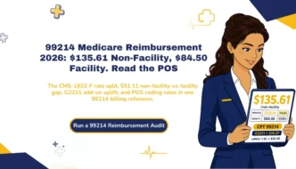 99214 Medicare reimbursement 2026 hero banner: $135.61 non-facility rate, $84.50 facility rate, CMS-1832-F restructure, and G2211 add-on uplift.