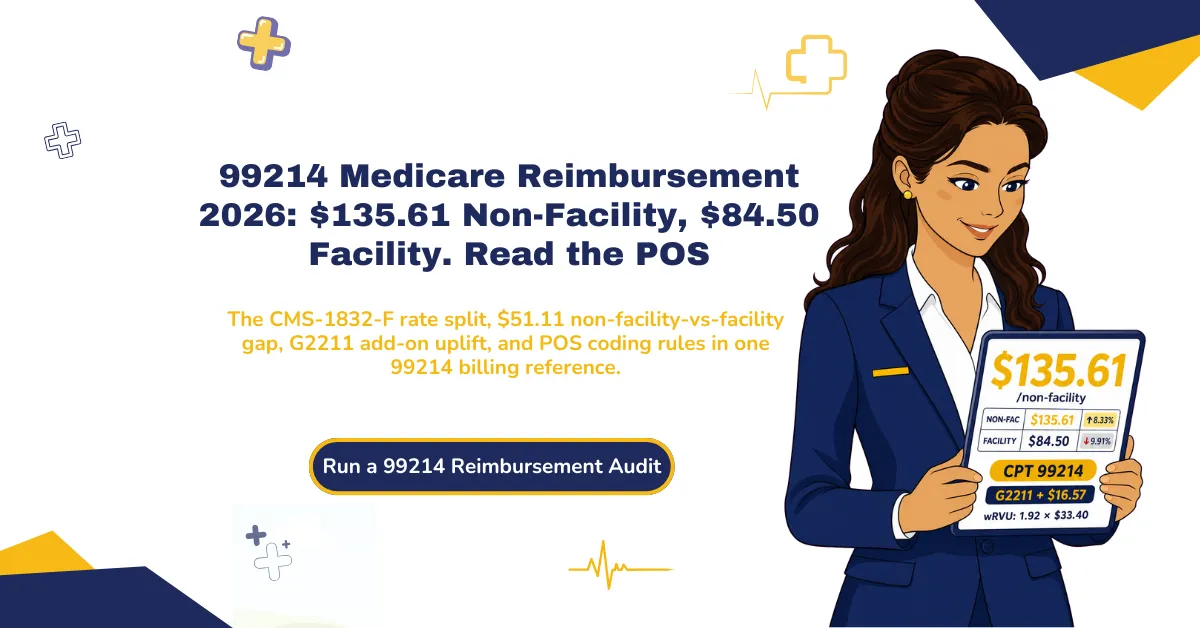 99214 Medicare reimbursement 2026 hero banner: $135.61 non-facility rate, $84.50 facility rate, CMS-1832-F restructure, and G2211 add-on uplift.