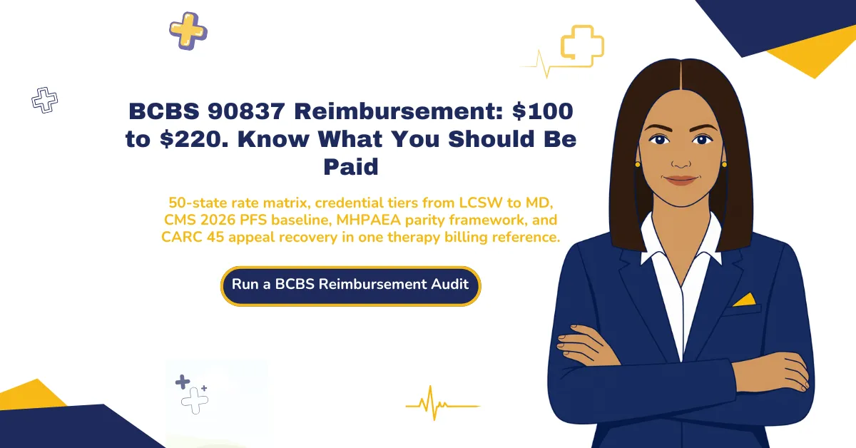 BCBS 90837 reimbursement rate 2026 hero banner highlighting the $100 to $220 in-network rate range for therapy practices, the 50-state rate matrix across 33 independent BCBS companies, credential tiers from LCSW master's-level through MD psychiatrist, the CMS 2026 Physician Fee Schedule baseline under CMS-1832-F, the MHPAEA parity framework, and CARC 45 underpayment appeal recovery.