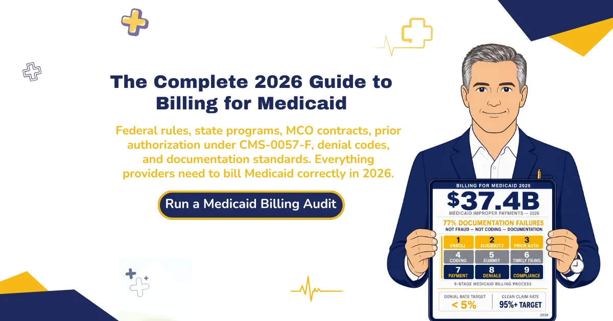 Complete 2026 guide to billing for Medicaid hero banner covering federal rules, state programs, MCO contracts, prior authorization under CMS-0057-F, denial codes, and documentation standards.