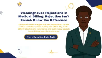 Clearinghouse rejections in medical billing 2026 hero banner highlighting the rejection-versus-denial disambiguation, the 20 most common rejection codes mapped to CARC equivalents, the EDI 277CA workflow across Availity and Office Ally, the May 2026 CMS-0053-F attachments compliance wedge, and audit-ready appeal recovery for billing operations teams.