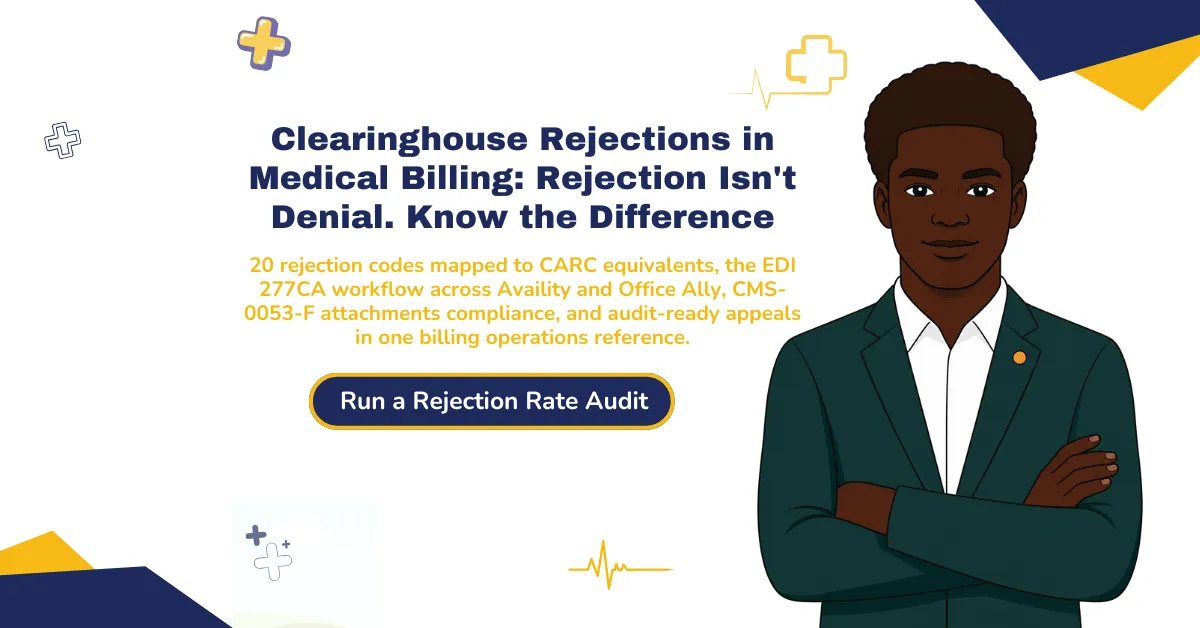 Clearinghouse rejections in medical billing 2026 hero banner highlighting the rejection-versus-denial disambiguation, the 20 most common rejection codes mapped to CARC equivalents, the EDI 277CA workflow across Availity and Office Ally, the May 2026 CMS-0053-F attachments compliance wedge, and audit-ready appeal recovery for billing operations teams.