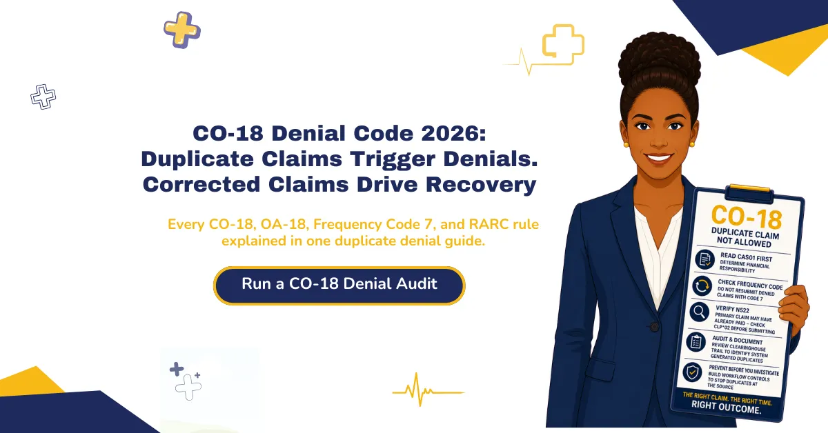 CO-18 denial code 2026 guide explaining duplicate claims, Frequency Code 7 corrections, RARC rules, and denial resolution workflow