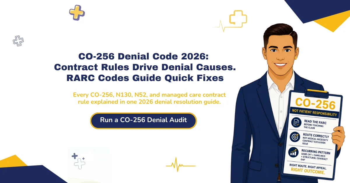 CO-256 denial code 2026 guide explaining managed care contract rules, RARC codes, causes, and denial resolution steps