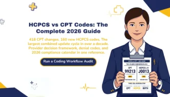 HCPCS vs CPT codes complete 2026 guide hero banner covering 418 CPT changes, 160 new HCPCS codes, provider decision framework, denial codes, and 2026 compliance calendar.