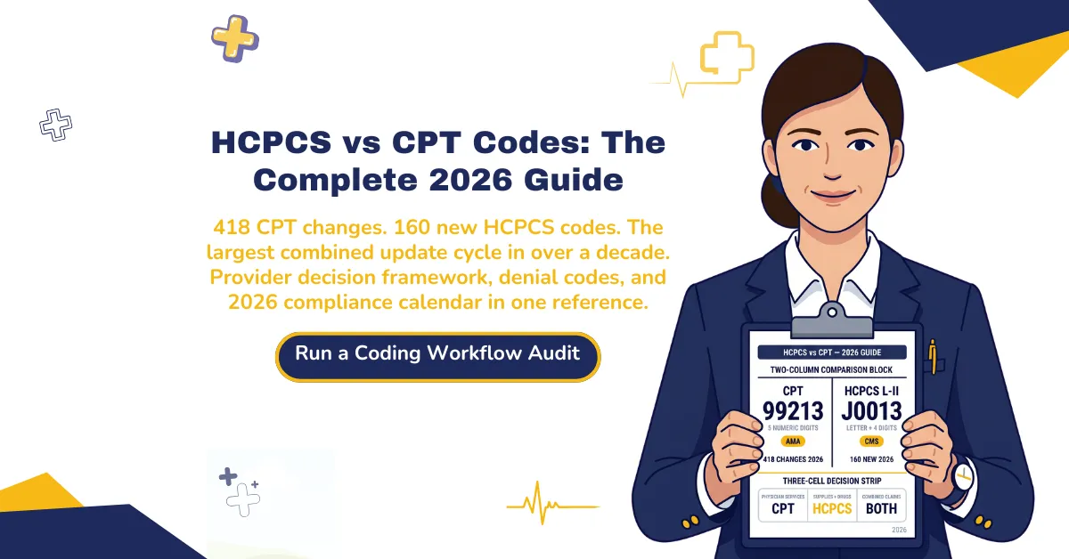 HCPCS vs CPT codes complete 2026 guide hero banner covering 418 CPT changes, 160 new HCPCS codes, provider decision framework, denial codes, and 2026 compliance calendar.