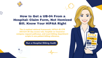 How to get UB-04 form from hospital 2026 hero banner: UB-04 claim form is not an itemized bill, HIPAA 45 CFR 164.524 30-day access right, four-method retrieval framework, and hospital versus insurance company request pathways