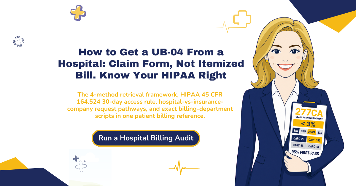How to get UB-04 form from hospital 2026 hero banner: UB-04 claim form is not an itemized bill, HIPAA 45 CFR 164.524 30-day access right, four-method retrieval framework, and hospital versus insurance company request pathways