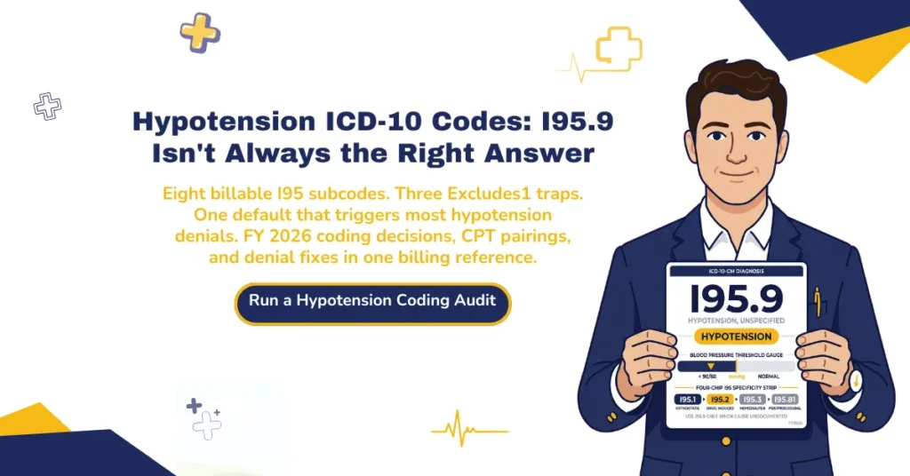 Hypotension ICD-10 codes 2026 hero banner highlighting the I95.9 default coding error pattern, eight billable I95 subcodes, three Excludes1 traps, and FY 2026 coding decisions with CPT pairings and denial fixes.