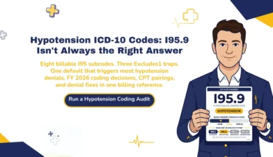 Hypotension ICD-10 codes 2026 hero banner highlighting the I95.9 default coding error pattern, eight billable I95 subcodes, three Excludes1 traps, and FY 2026 coding decisions with CPT pairings and denial fixes.
