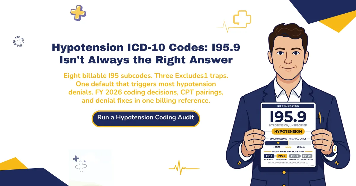 Hypotension ICD-10 codes 2026 hero banner highlighting the I95.9 default coding error pattern, eight billable I95 subcodes, three Excludes1 traps, and FY 2026 coding decisions with CPT pairings and denial fixes.