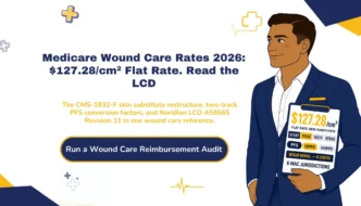 Medicare wound care reimbursement rates 2026 hero banner: $127.28 per square centimeter skin substitute flat rate, two-track PFS conversion factors, and Noridian LCD A58565 Revision 11.