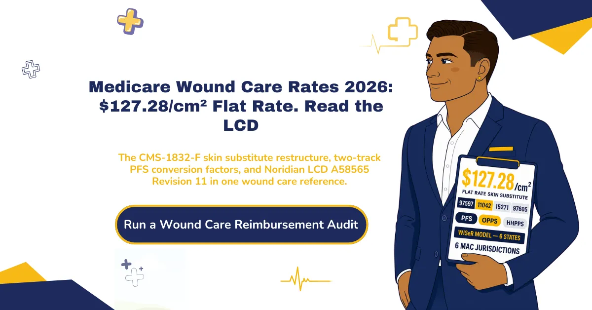 Medicare wound care reimbursement rates 2026 hero banner: $127.28 per square centimeter skin substitute flat rate, two-track PFS conversion factors, and Noridian LCD A58565 Revision 11.