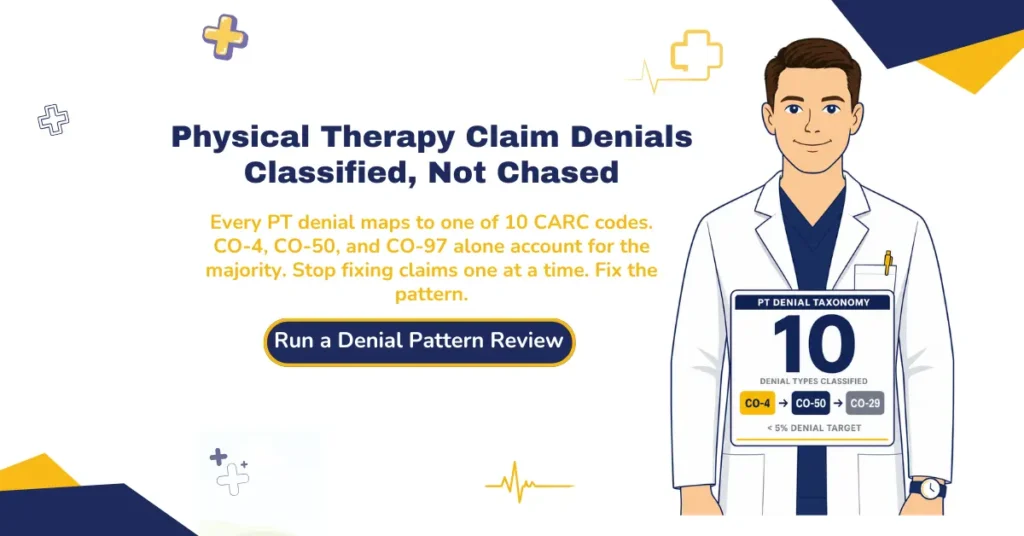 Physical therapy claim denials taxonomy 2026 hero banner explaining that every PT denial maps to one of 10 CARC codes with CO-4, CO-50, and CO-97 accounting for the majority, with a CTA to run a denial pattern review.