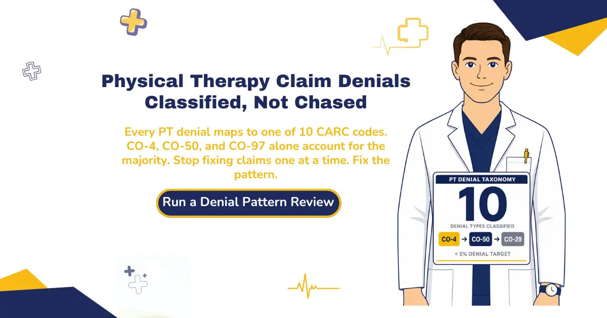 Physical therapy claim denials taxonomy 2026 hero banner explaining that every PT denial maps to one of 10 CARC codes with CO-4, CO-50, and CO-97 accounting for the majority, with a CTA to run a denial pattern review.