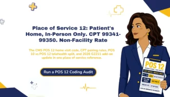 Place of Service 12 in medical billing 2026 hero banner: home visit code, CPT 99341-99350 pairing, non-facility rate, and POS 10 vs POS 12 telehealth distinction for clean home-based claim submission.