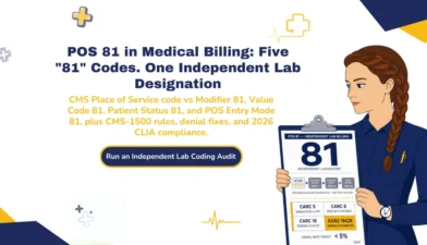 POS 81 in medical billing 2026 hero banner highlighting the five-way disambiguation between POS 81, Modifier 81, Value Code 81, Patient Status 81, and Mastercard's POS Entry Mode 81, with CMS-1500 form rules, specimen collection logic, denial fixes, and 2026 CLIA compliance.