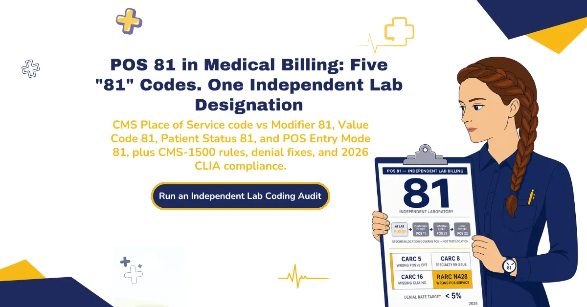POS 81 in medical billing 2026 hero banner highlighting the five-way disambiguation between POS 81, Modifier 81, Value Code 81, Patient Status 81, and Mastercard's POS Entry Mode 81, with CMS-1500 form rules, specimen collection logic, denial fixes, and 2026 CLIA compliance.