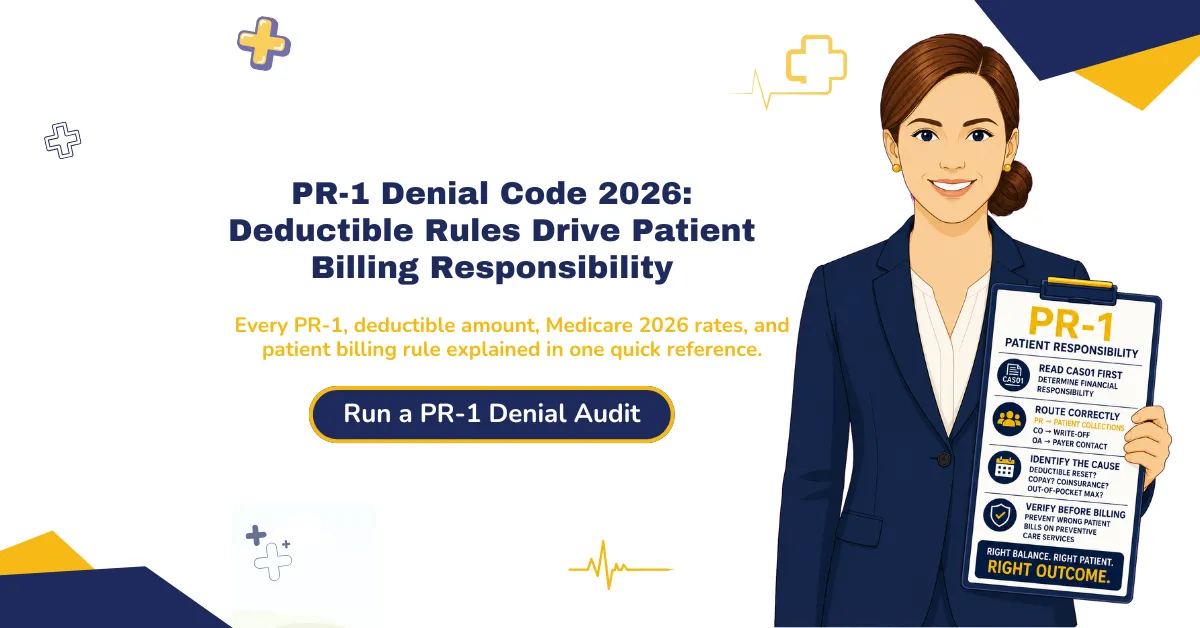 PR-1 denial code 2026 guide explaining deductible rules, patient responsibility, Medicare rates, and billing workflow