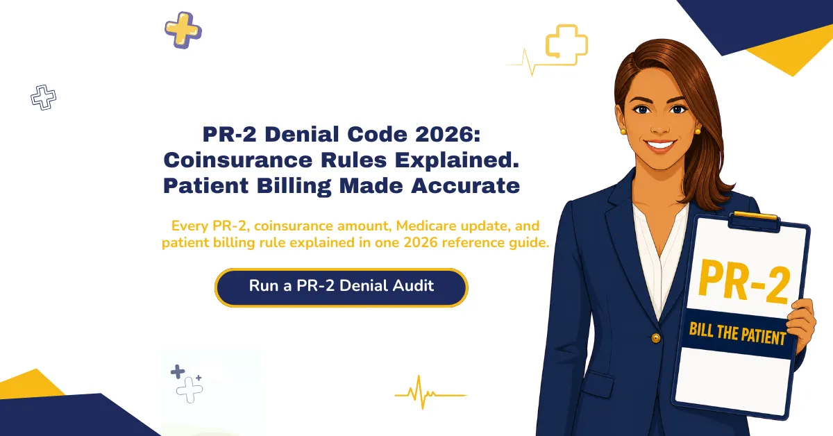 PR-2 denial code 2026 guide explaining coinsurance amounts, patient responsibility, Medicare updates, and billing workflow