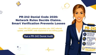 PR-242 denial code 2026 guide explaining network provider rules, UHC referrals, RARC codes, and patient billing workflow