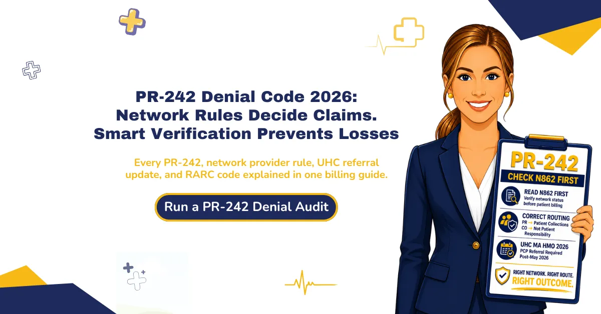 PR-242 denial code 2026 guide explaining network provider rules, UHC referrals, RARC codes, and patient billing workflow