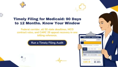 Timely filing for Medicaid 2026 hero banner highlighting the 90-day to 12-month federal corridor, all 50 state deadlines, MCO contract rules, and CARC 29 appeal recovery