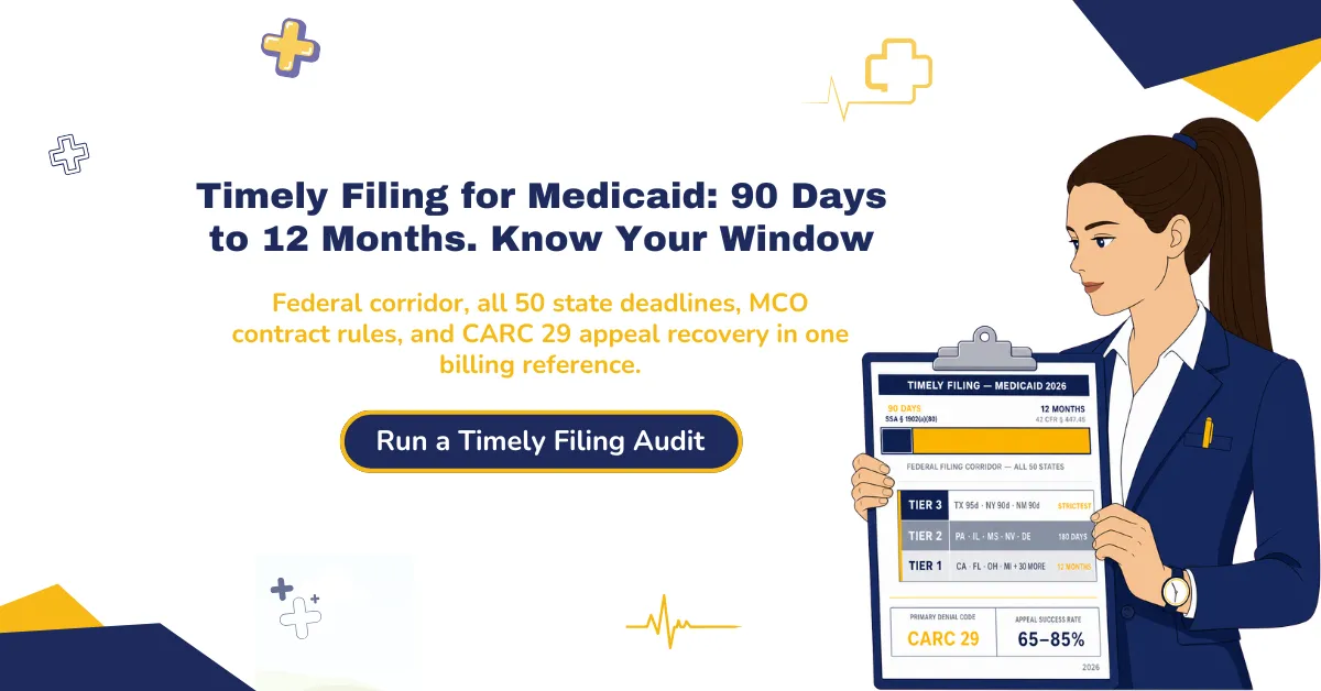 Timely filing for Medicaid 2026 hero banner highlighting the 90-day to 12-month federal corridor, all 50 state deadlines, MCO contract rules, and CARC 29 appeal recovery
