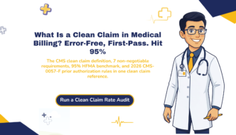 Clean claim in medical billing 2026 hero banner: CMS definition, 7 requirements, 95 percent HFMA benchmark, and CMS-0057-F prior authorization rules.