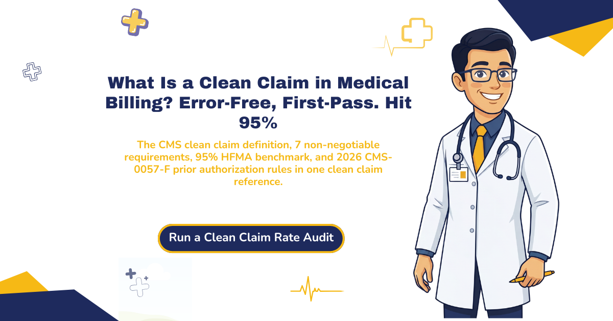 Clean claim in medical billing 2026 hero banner: CMS definition, 7 requirements, 95 percent HFMA benchmark, and CMS-0057-F prior authorization rules.