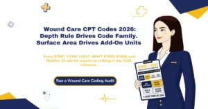 Wound care CPT codes 2026 hero banner: depth-based code family selection, surface area add-on calculations, and NPWT billing matrix for clean wound care claim submission.