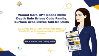 Wound care CPT codes 2026 hero banner: depth-based code family selection, surface area add-on calculations, and NPWT billing matrix for clean wound care claim submission.