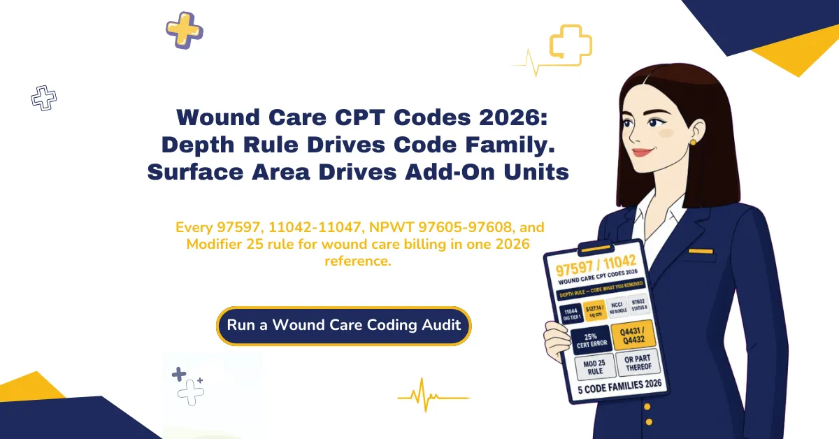 Wound care CPT codes 2026 hero banner: depth-based code family selection, surface area add-on calculations, and NPWT billing matrix for clean wound care claim submission.
