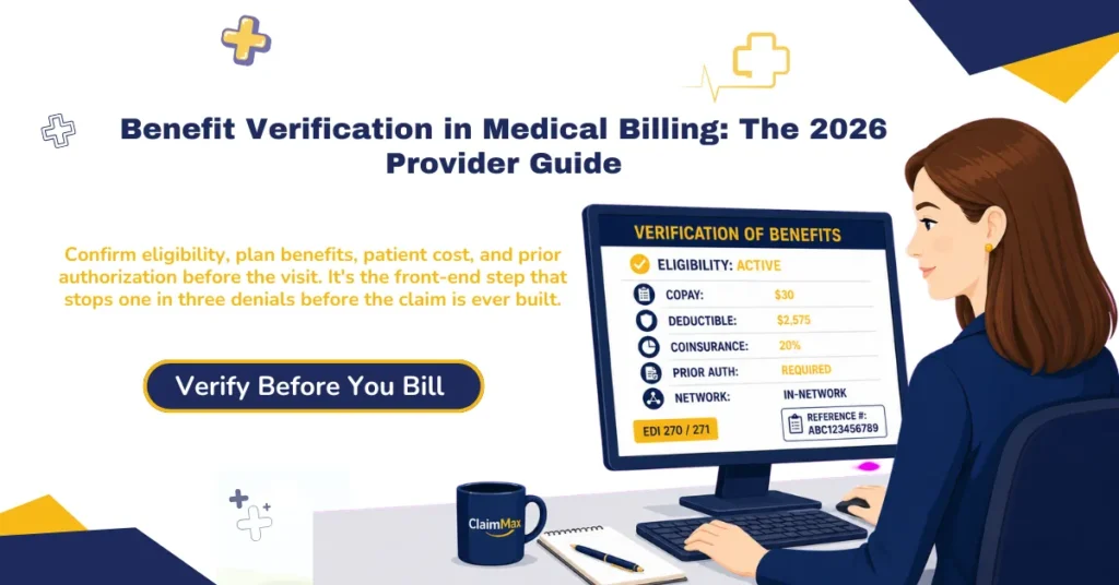 Benefit verification in medical billing 2026 hero banner: confirming insurance eligibility, plan benefits, patient financial responsibility, and prior authorization before service to prevent one in three claim denials.