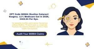 CPT code 66984 cataract surgery billing 2026 hero banner: $462.94 Medicare rate after 11% cut, LT/RT laterality required, Modifier 79 for second eye in global period, 66982 complex cataract versus 66984 routine, 90-day global period bundling rules, from ClaimMax RCM.