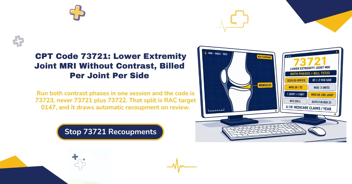 CPT code 73721 lower extremity joint MRI without contrast 2026 hero banner: hip, knee, ankle, and foot joints, per-joint and per-side billing with RT/LT modifiers, modifier 26 and TC split, NCD 220.2 coverage with no joint-specific LCD, and the 73723 contrast rule that prevents RAC 0147 recoupment.v