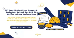 CPT code 97165 OT evaluation 2026 hero banner: low complexity with 1-3 deficits untimed billed once, GO modifier required on every Medicare line, KX required past $2,480, plan of care certified within 30 days, and $98.08 non-facility rate, from ClaimMax RCM.