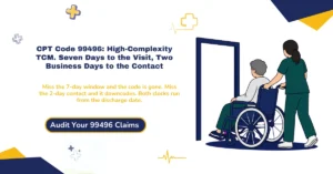 CPT code 99496 transitional care management 2026 hero banner: high-complexity MDM with 7-day face-to-face and 2-business-day contact requirements, $298 Medicare rate, 99495 versus 99496 comparison, and the 30-day TCM period, from ClaimMax RCM.