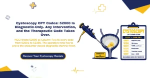 Cystoscopy CPT codes 52000-52356 2026 hero banner: 52000 diagnostic-only against the therapeutic family, the NCCI Column Two bundling edit, TURBT size tiers 52234/52235/52240 at one unit per day, 52332 stent placement with bundled imaging, and the J0585 Botox unit calculation, from ClaimMax RCM.